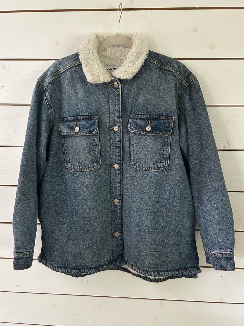 Old Navy Blue Denim Pockets Cream Sherpa Button Up Jacket Women’s Size Large